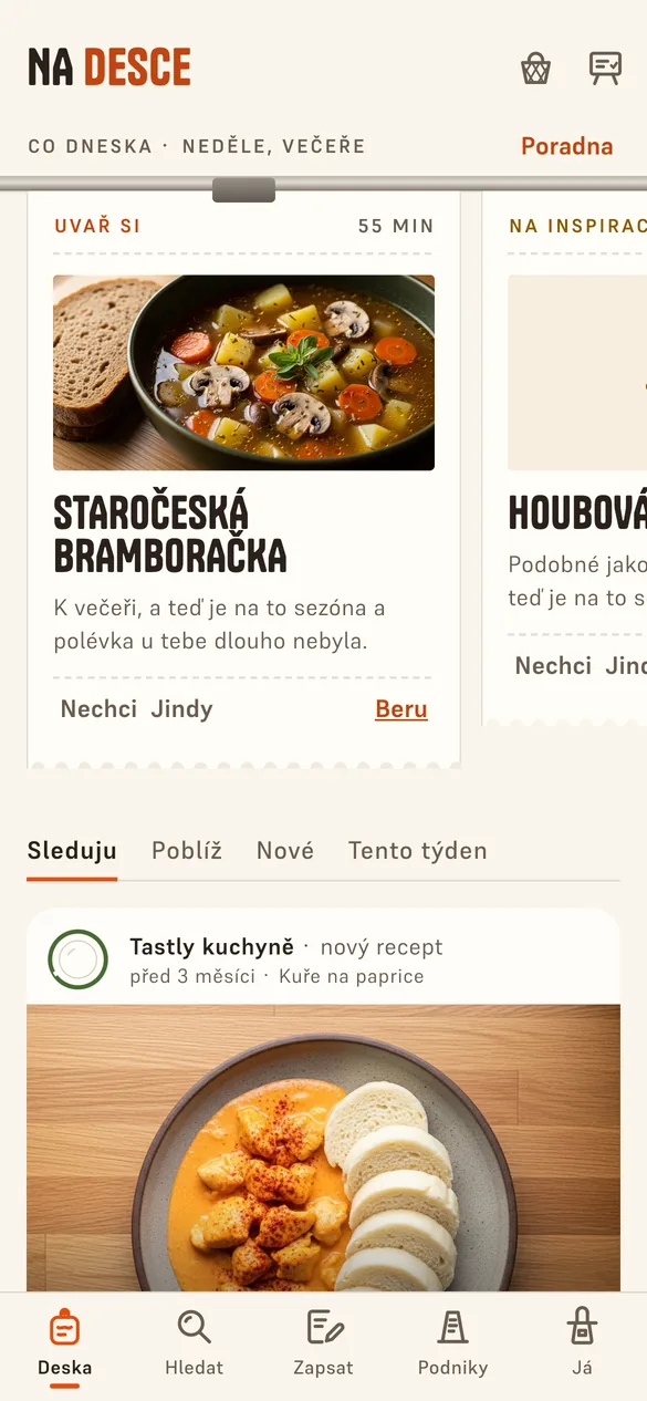 Deska s tipy na šíně a novinkami od sledovaných kuchařů