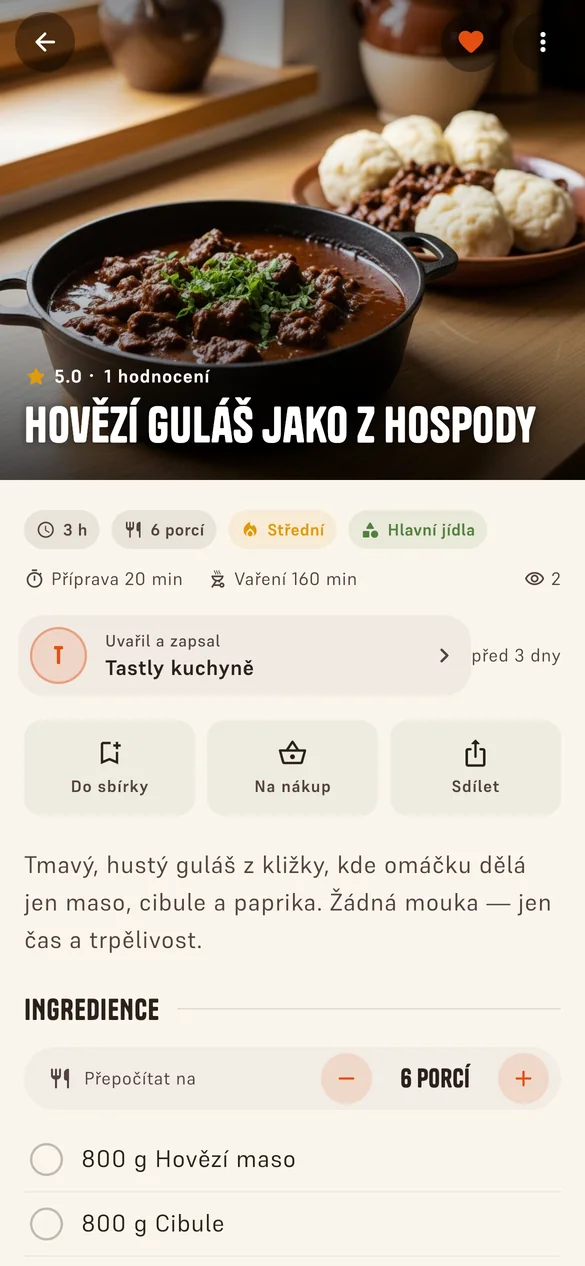 Detail receptu s přepočtem porcí