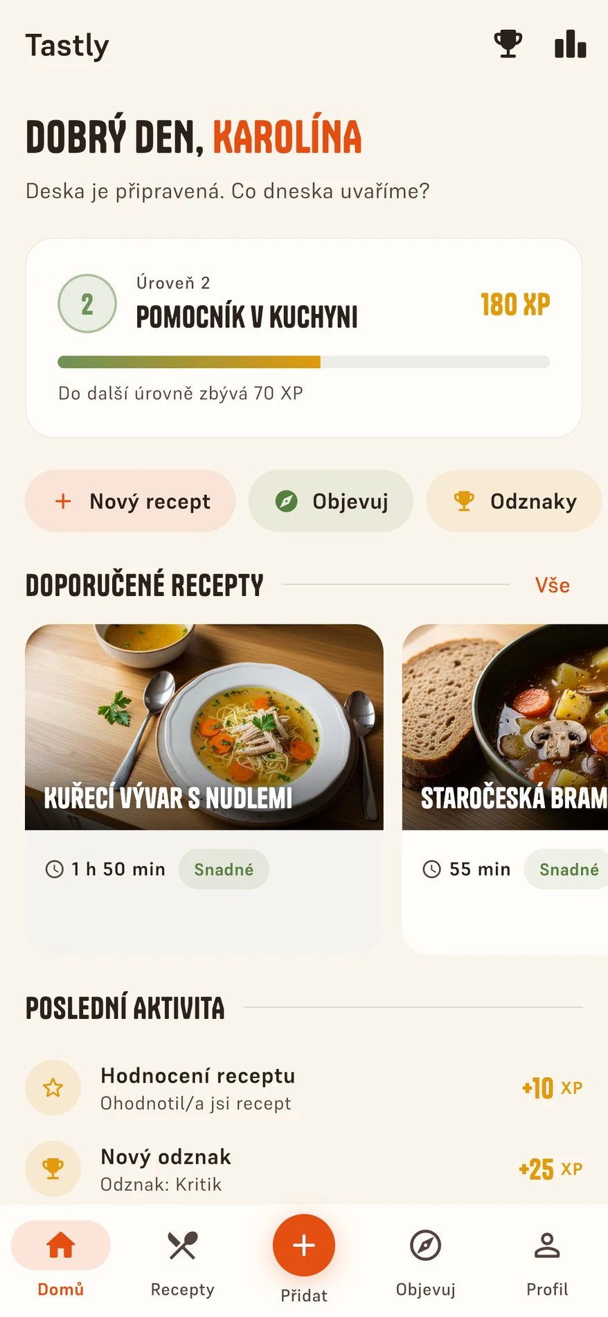 Domovská obrazovka s úrovní kuchaře