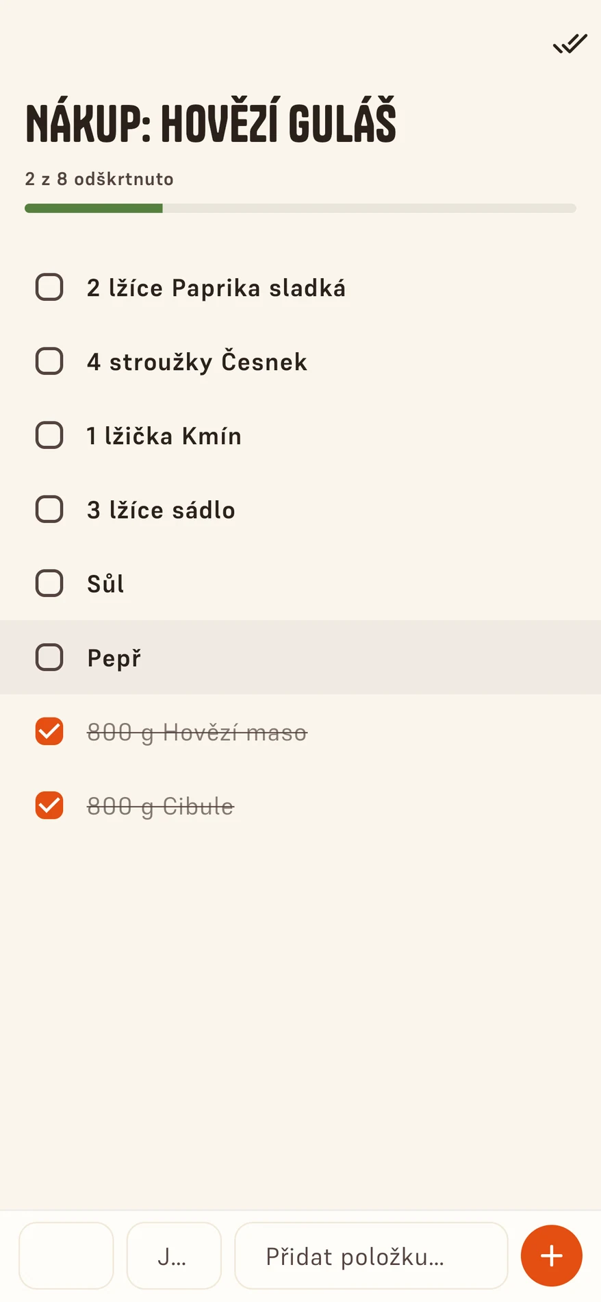 Nákupní seznam vygenerovaný z receptu