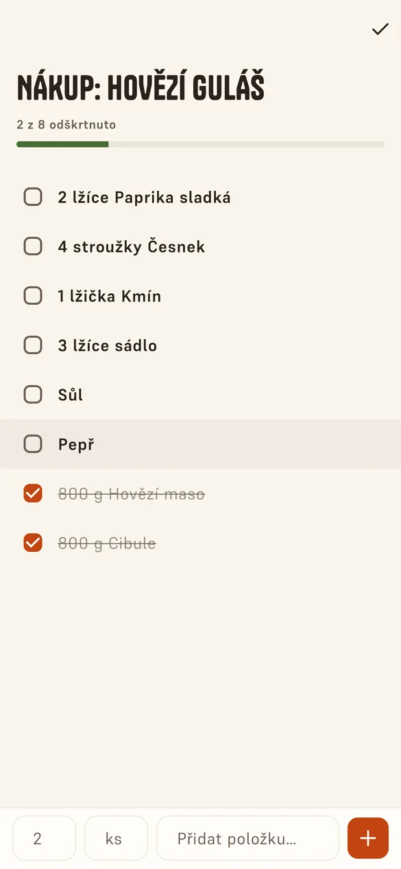 Nákupní seznam k hovězímu guláši s odškrtnutými položkami