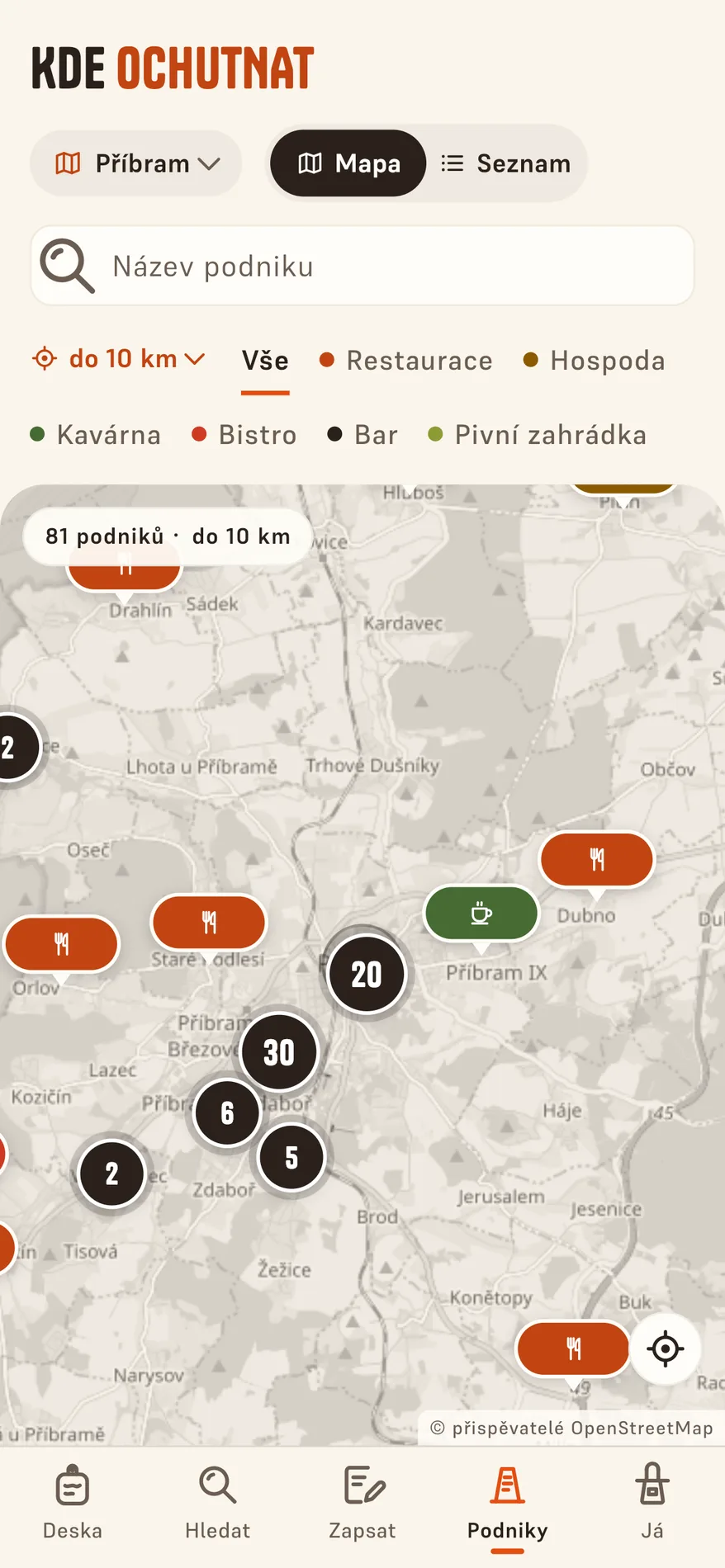 Mapa podniků v okolí Příbrami se shluky špendlíků