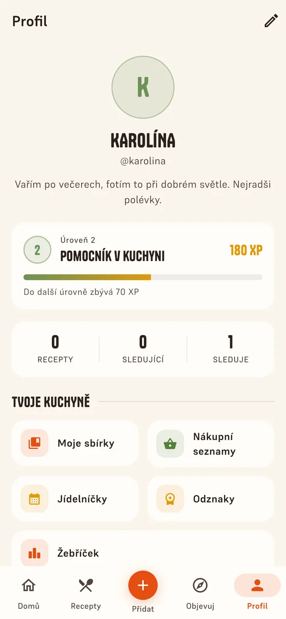 Profil s XP a sbírkami