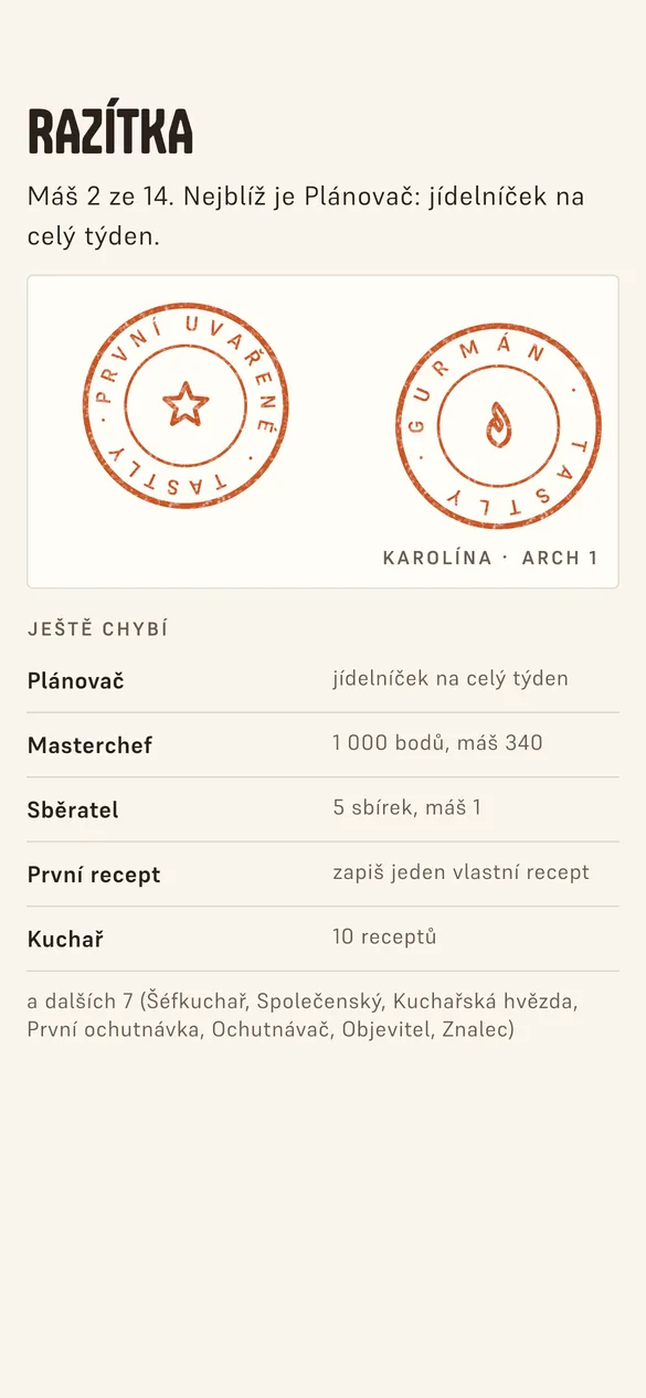 Arch s otištěnými razítky a seznam, co ještě chybí