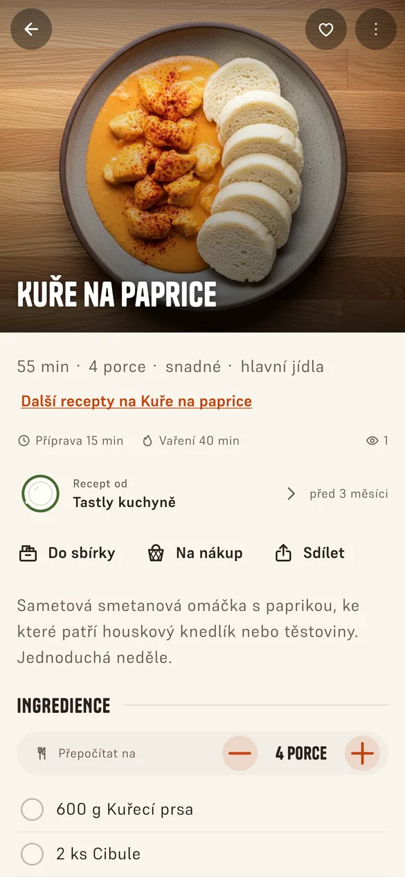 Detail receptu Kuře na paprice s přepočtem porcí