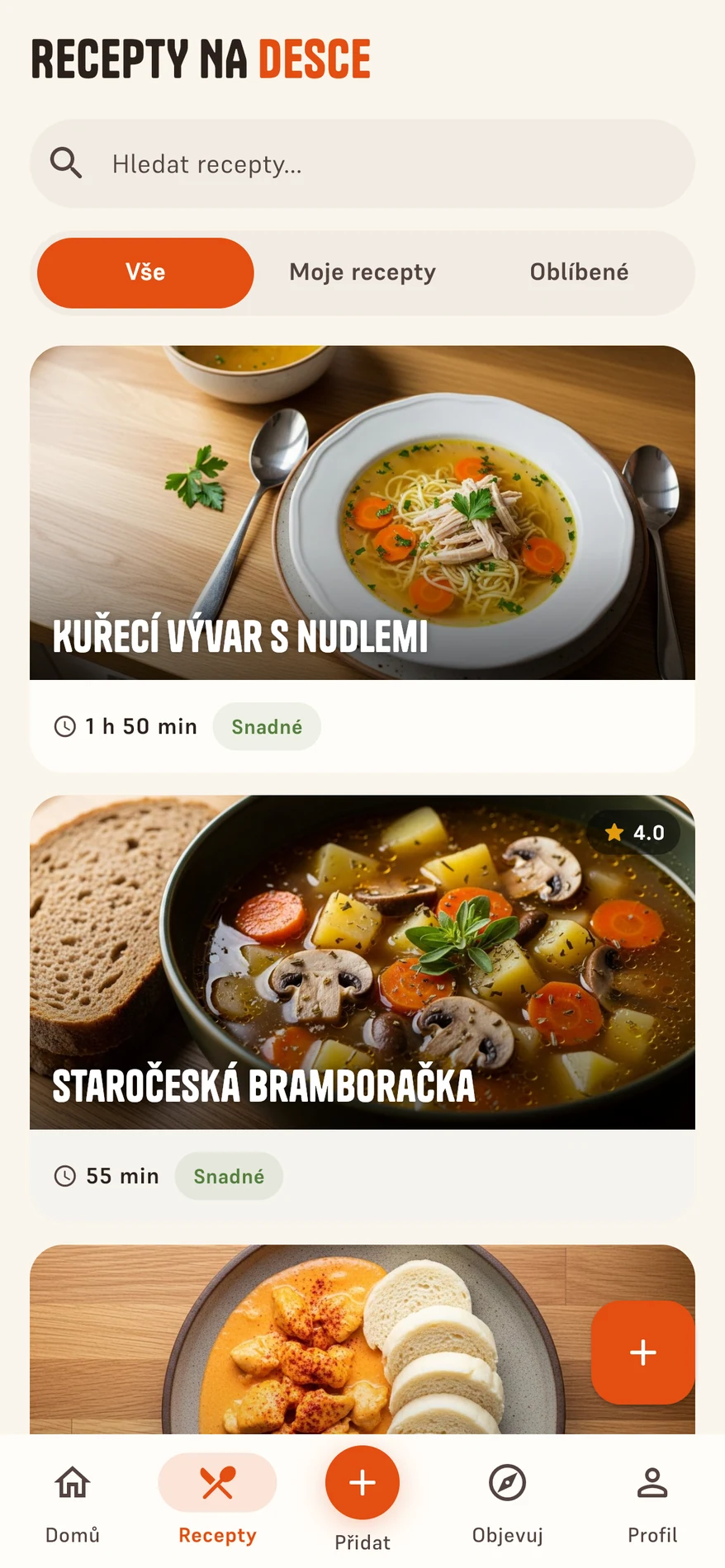 Seznam receptů v aplikaci Tastly